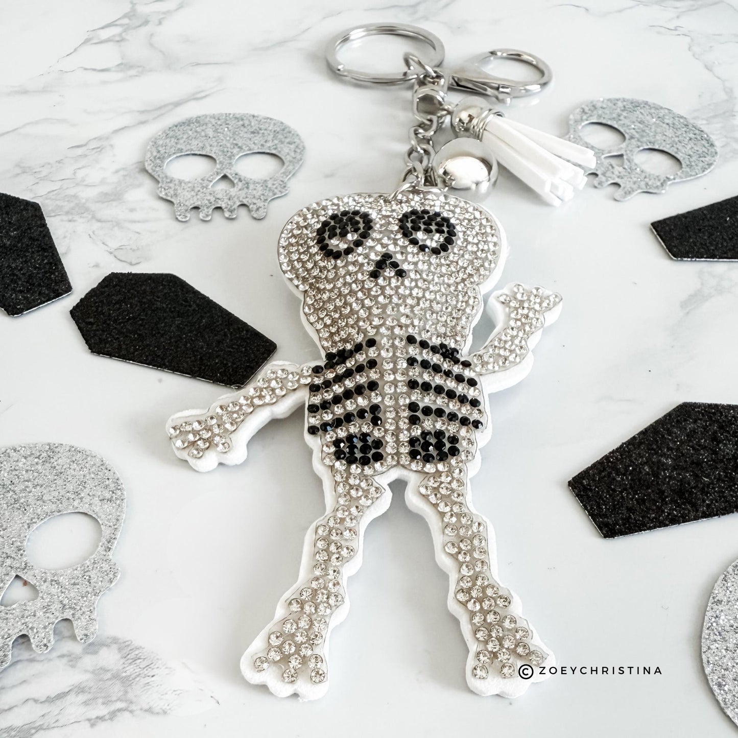 Rhinestone Skeleton Keychain, Halloween Charm for Backpacks, Bags & Medical Workers, Cute Spooky Chain for Radiology, Anatomy, Health Pros