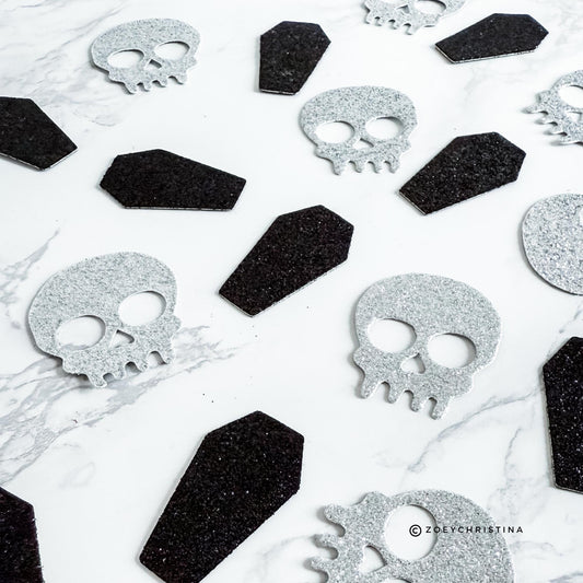 100pc Skull or Coffin Glitter Confetti – Halloween Party Table Decor | 1.5" Silver & Black | Spooky Bachelorette | Gothic Cardstock Cutouts