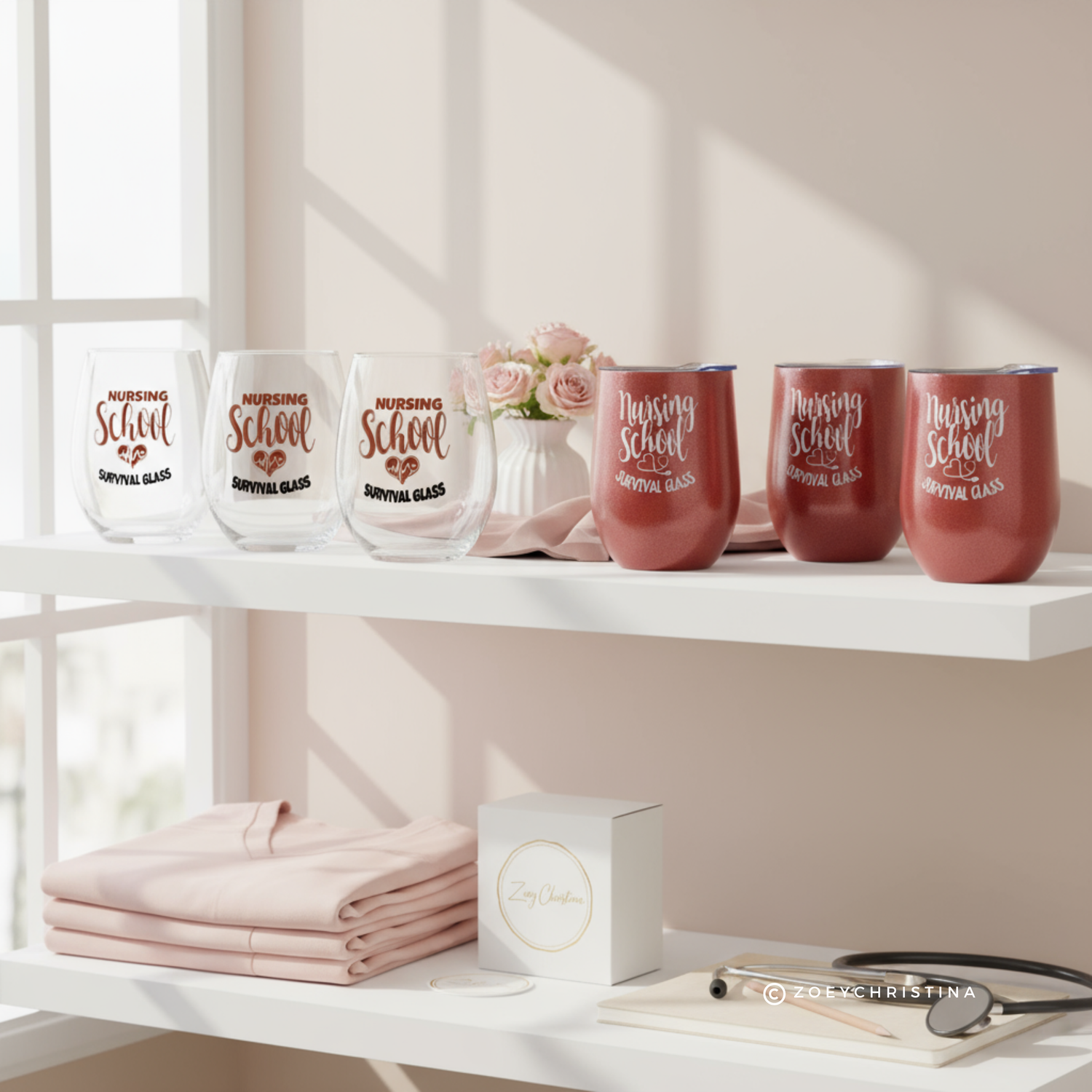 Set of 'Nursing School Survivor Glass' mugs on a shelf with decorative items.