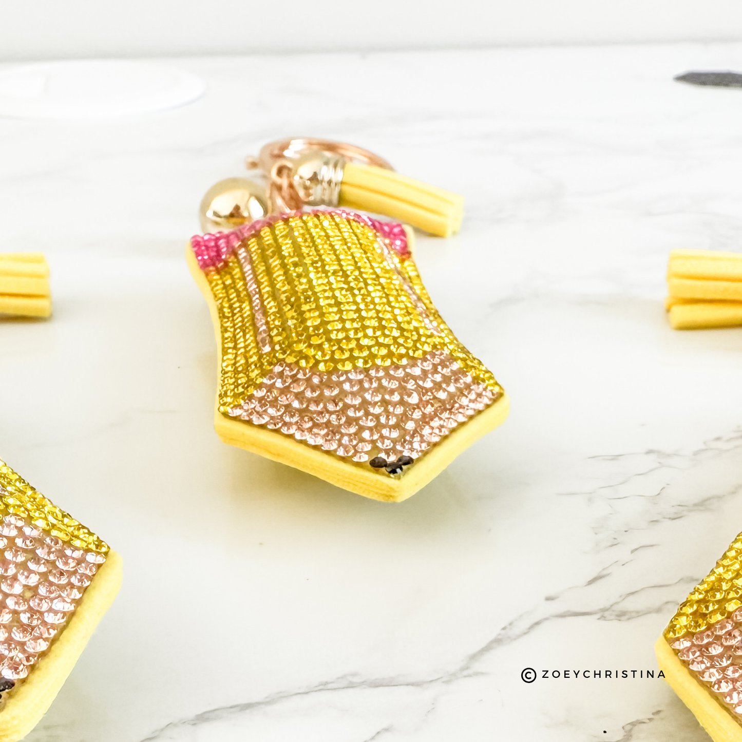 Rhinestone Pencil Keychain β Sparkly Teacher Gift, Back to School Key Ring, Pink & Yellow Crystal Pencil Charm, 3.75" Bling Keychain