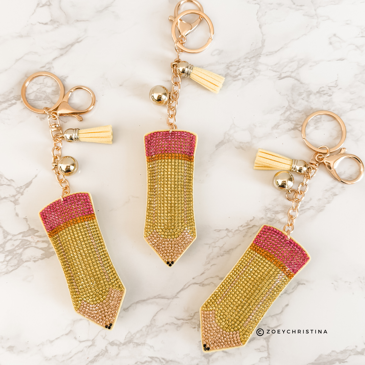 Rhinestone Pencil Keychain β Sparkly Teacher Gift, Back to School Key Ring, Pink & Yellow Crystal Pencil Charm, 3.75" Bling Keychain