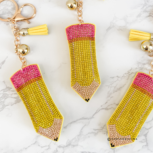 Rhinestone Pencil Keychain – Sparkly Teacher Gift, Back to School Key Ring, Pink & Yellow Crystal Pencil Charm, 3.75" Bling Keychain