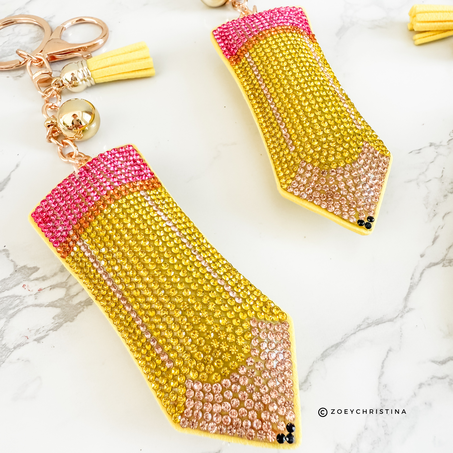Rhinestone Pencil Keychain β Sparkly Teacher Gift, Back to School Key Ring, Pink & Yellow Crystal Pencil Charm, 3.75" Bling Keychain