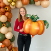 Cute Orange Pumpkin Foil Balloon with Green Stem & Leaves - Fall Party, Harvest