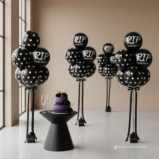 Multi Pack - Death to my 20s party decorations, Youth Twenties RIP Party, Black balloon bouquet, RIP to my youth Black balloon party for her