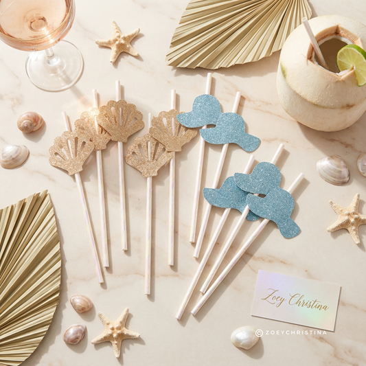 Seashells and Wedding Bells, Coastal Glam Paper Straws, Seashells & Blue Glitter Sun Hats | Beach Bridal Shower and Summer Party Decor