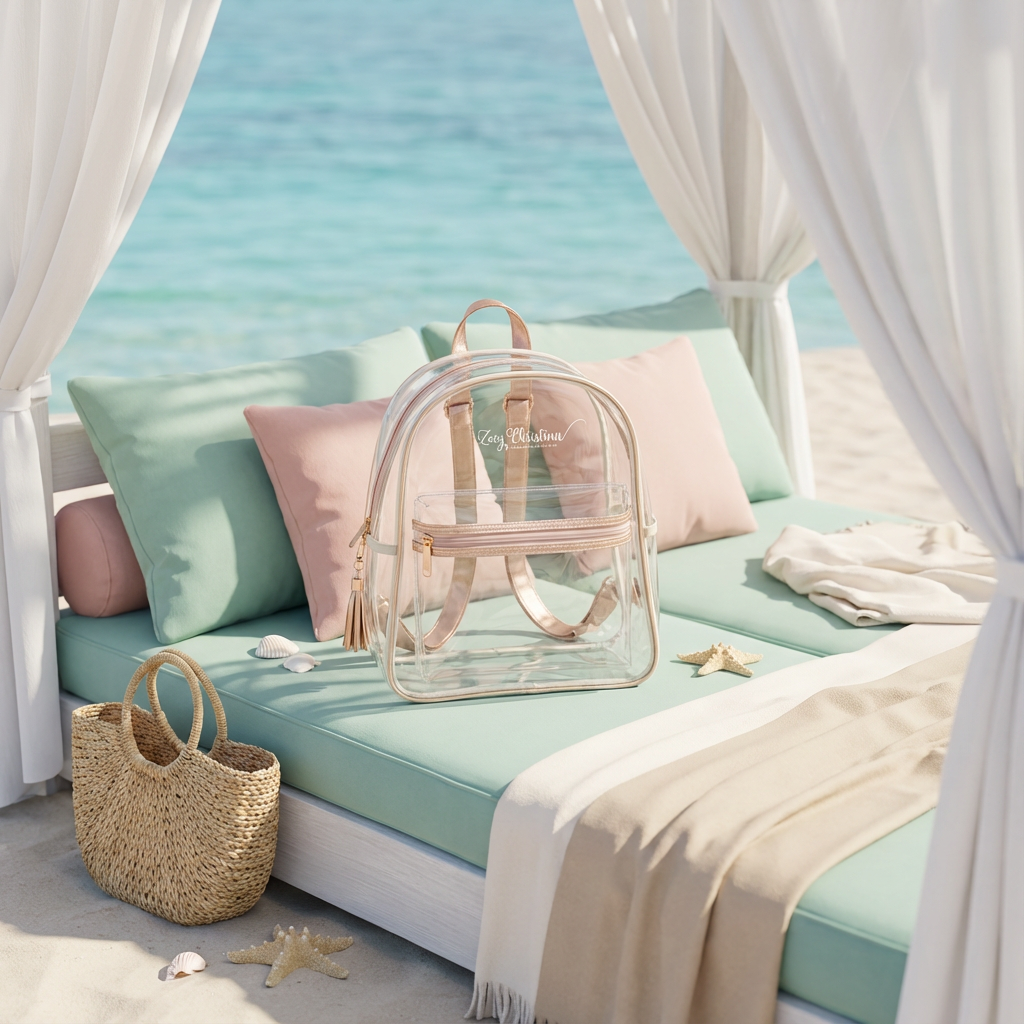 Clear Stadium Bag Backpack Purse - Festivals, Colleges, concerts sizing, Gold Aesthetic Design with Optional Tassel and Initial Patches