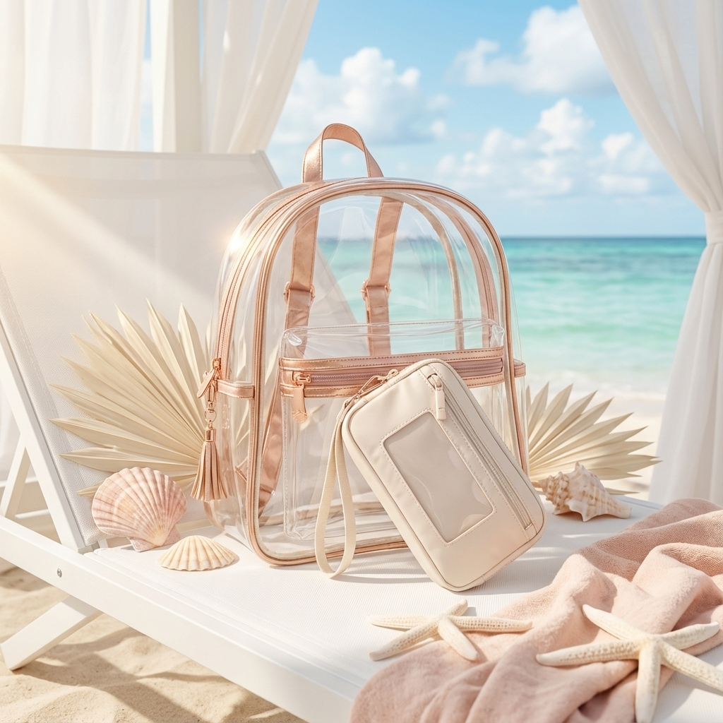 Clear Stadium Bag Backpack Purse - Festivals, Colleges, concerts sizing, Gold Aesthetic Design with Optional Tassel and Initial Patches