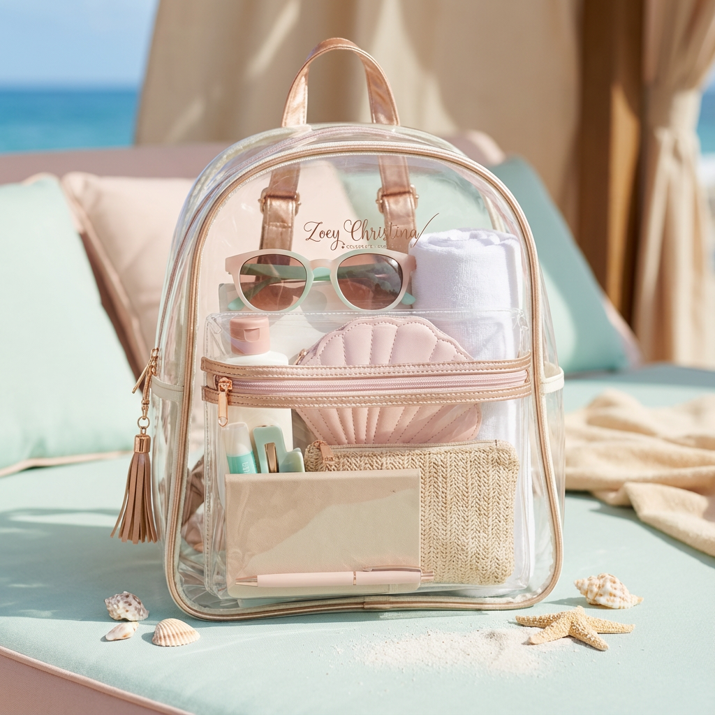 Clear Stadium Bag Backpack Purse - Festivals, Colleges, concerts sizing, Gold Aesthetic Design with Optional Tassel and Initial Patches