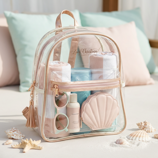 Clear Stadium Bag Backpack Purse - Festivals, Colleges, concerts sizing, Gold Aesthetic Design with Optional Tassel and Initial Patches