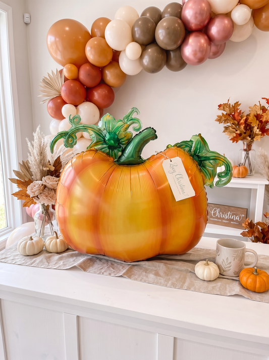 Cute Orange Pumpkin Foil Balloon with Green Stem & Leaves - Fall Party, Harvest