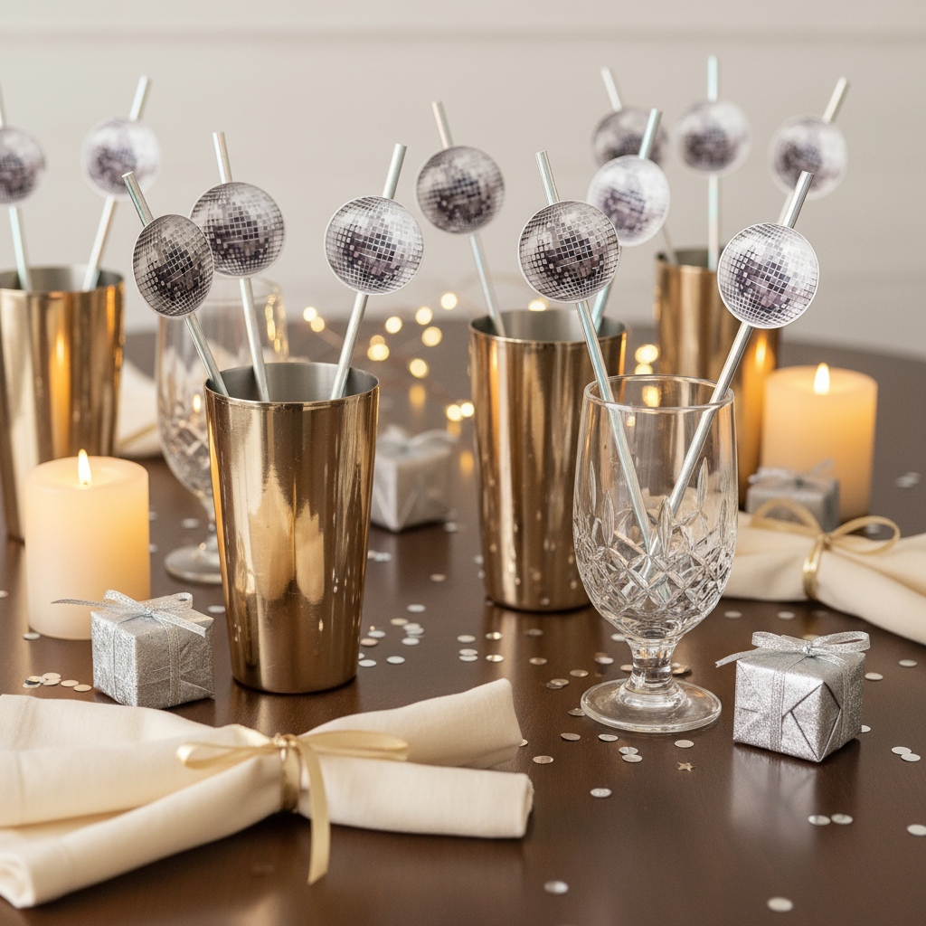 Disco Ball Drink Stirrers: New Year's Paper Drink Straws & Table Decor- 12pk