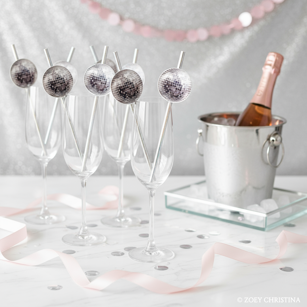 Disco Ball Drink Stirrers: New Year's Paper Drink Straws & Table Decor- 12pk