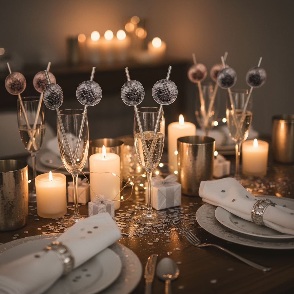 Disco Ball Drink Stirrers: New Year's Paper Drink Straws & Table Decor- 12pk