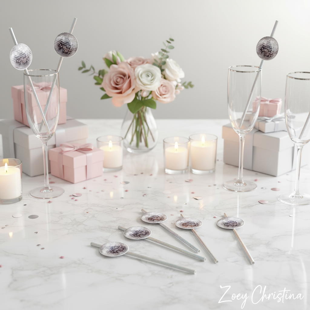 Disco Ball Drink Stirrers: New Year's Paper Drink Straws & Table Decor- 12pk