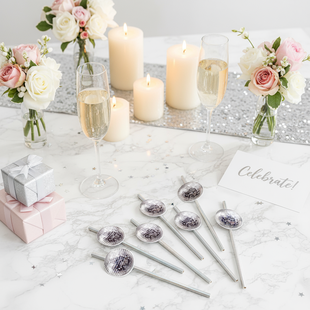 Disco Ball Drink Stirrers: New Year's Paper Drink Straws & Table Decor- 12pk