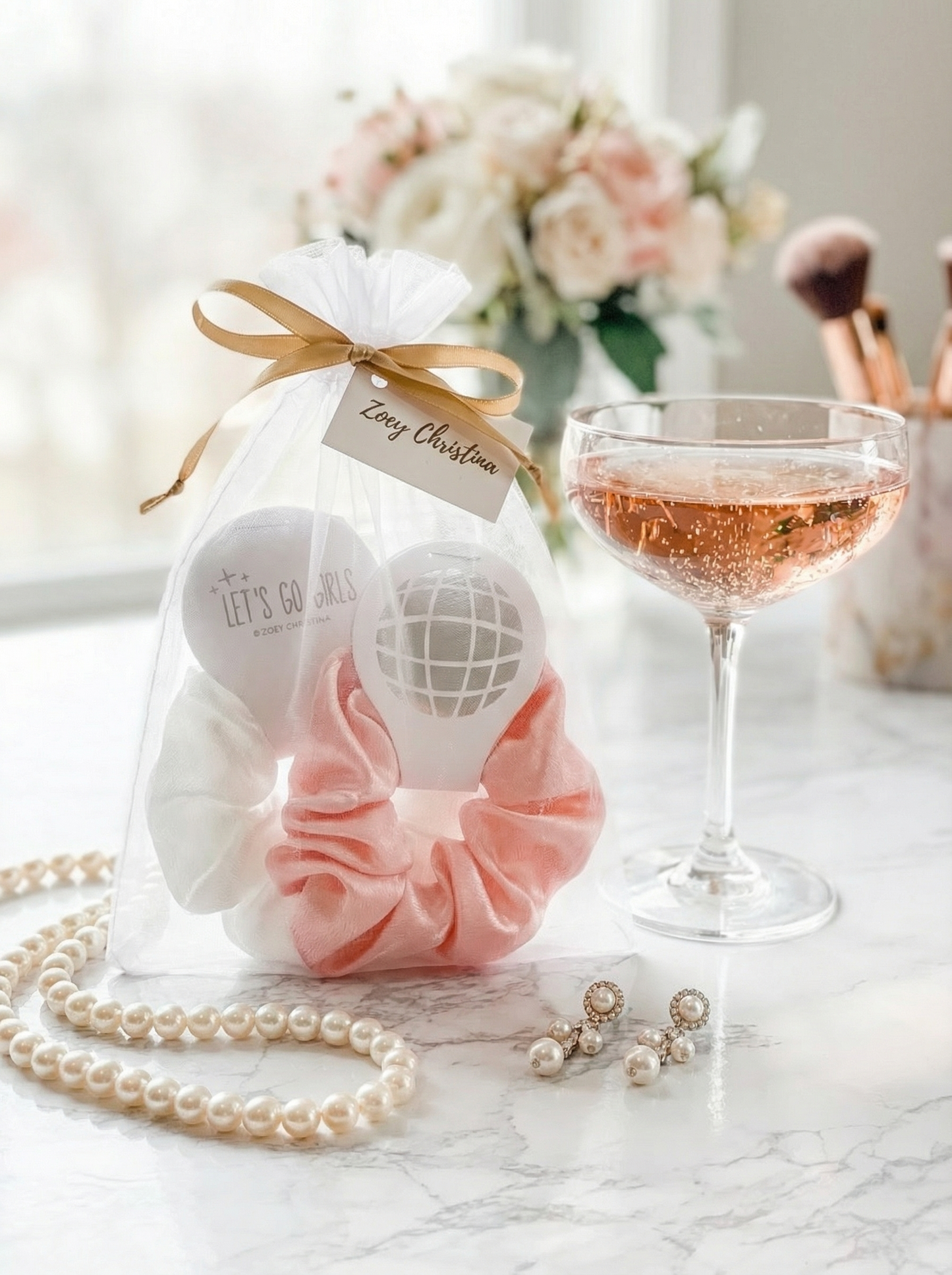 Last Disco Party Hair Ties – Pink & White with Glitter Disco Ball Charm