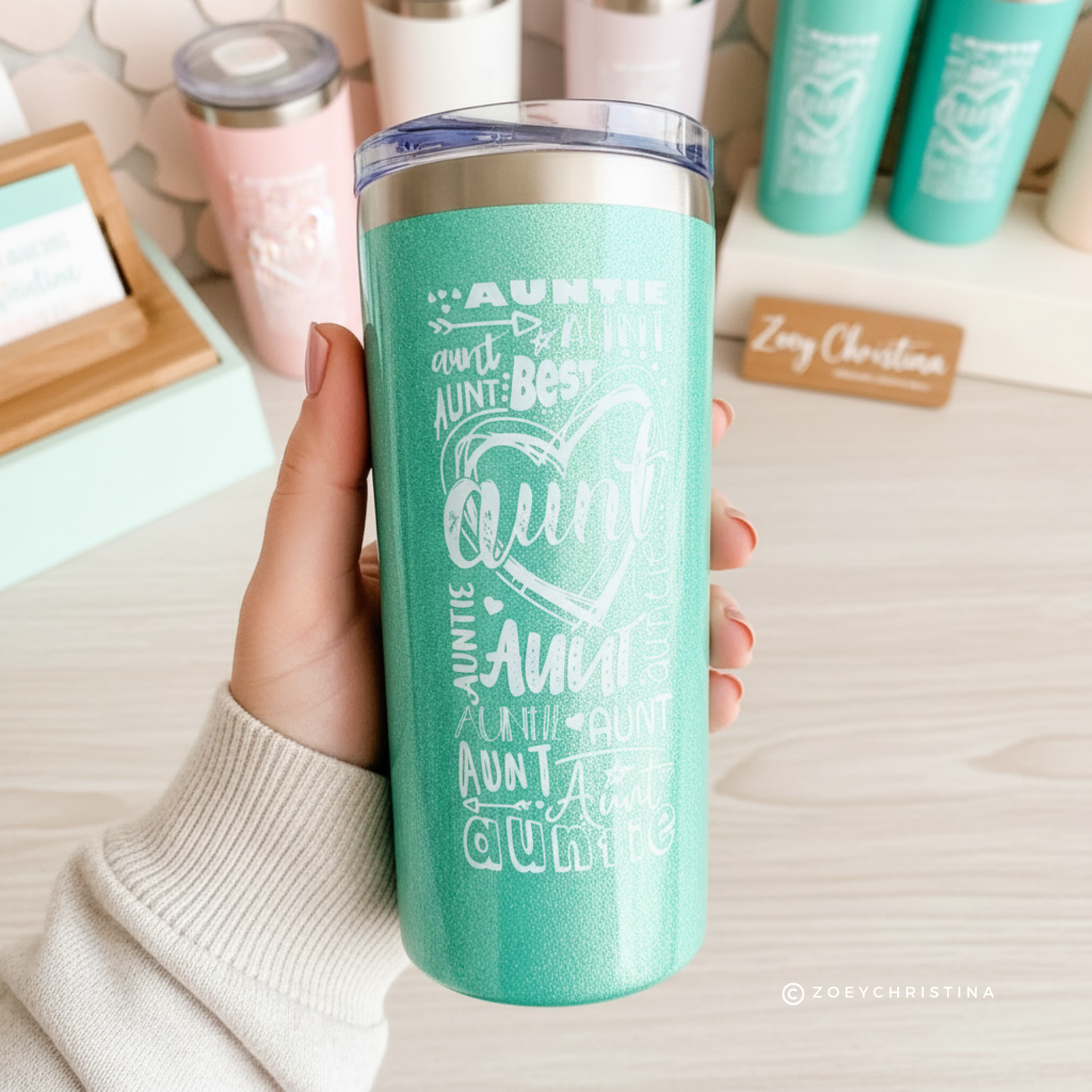 Auntie Travel Tumbler: Iridescent Mint Stainless Steel, 16oz