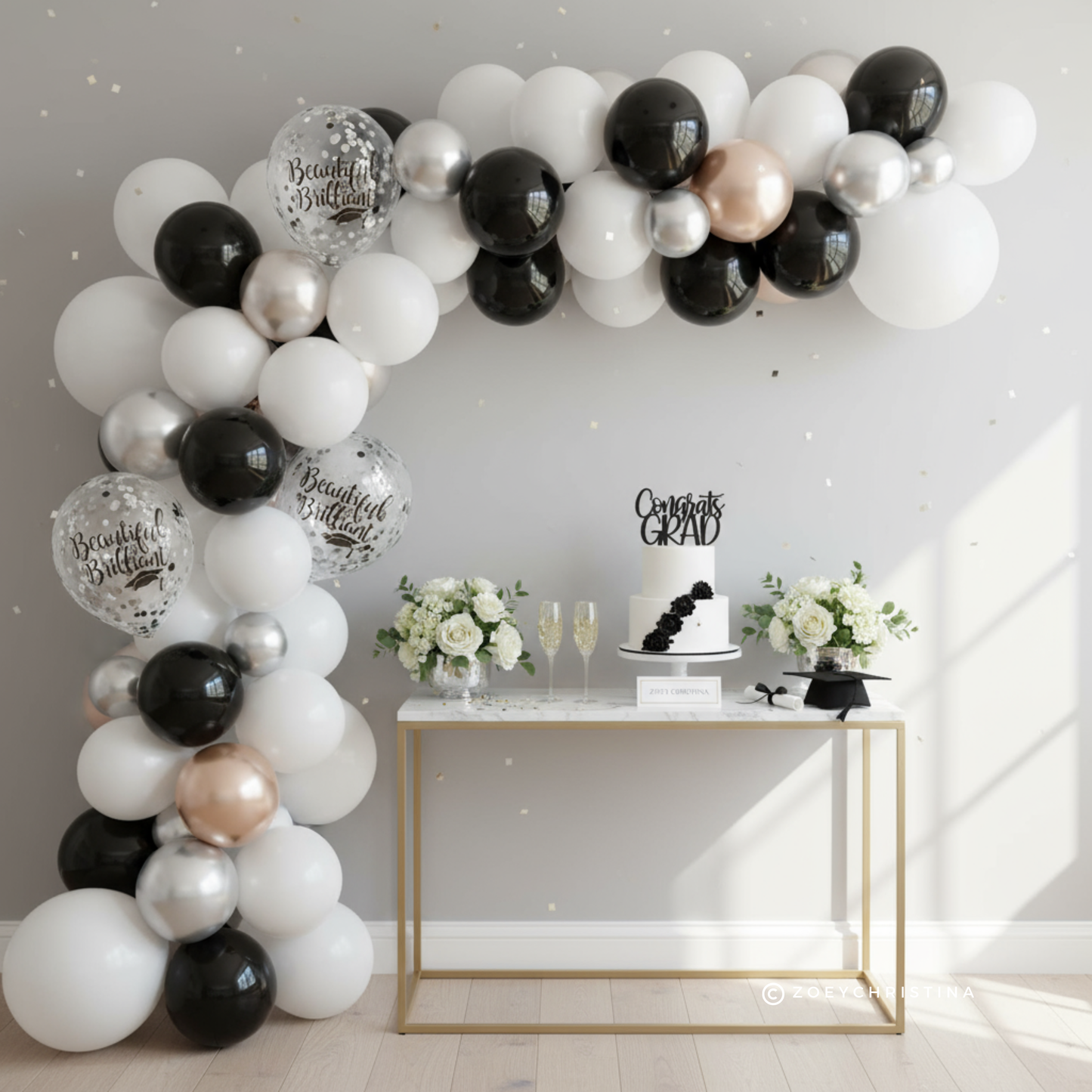 Graduation Celebration Balloon – Black & Silver Confetti with "Beautiful and Brilliant" Print