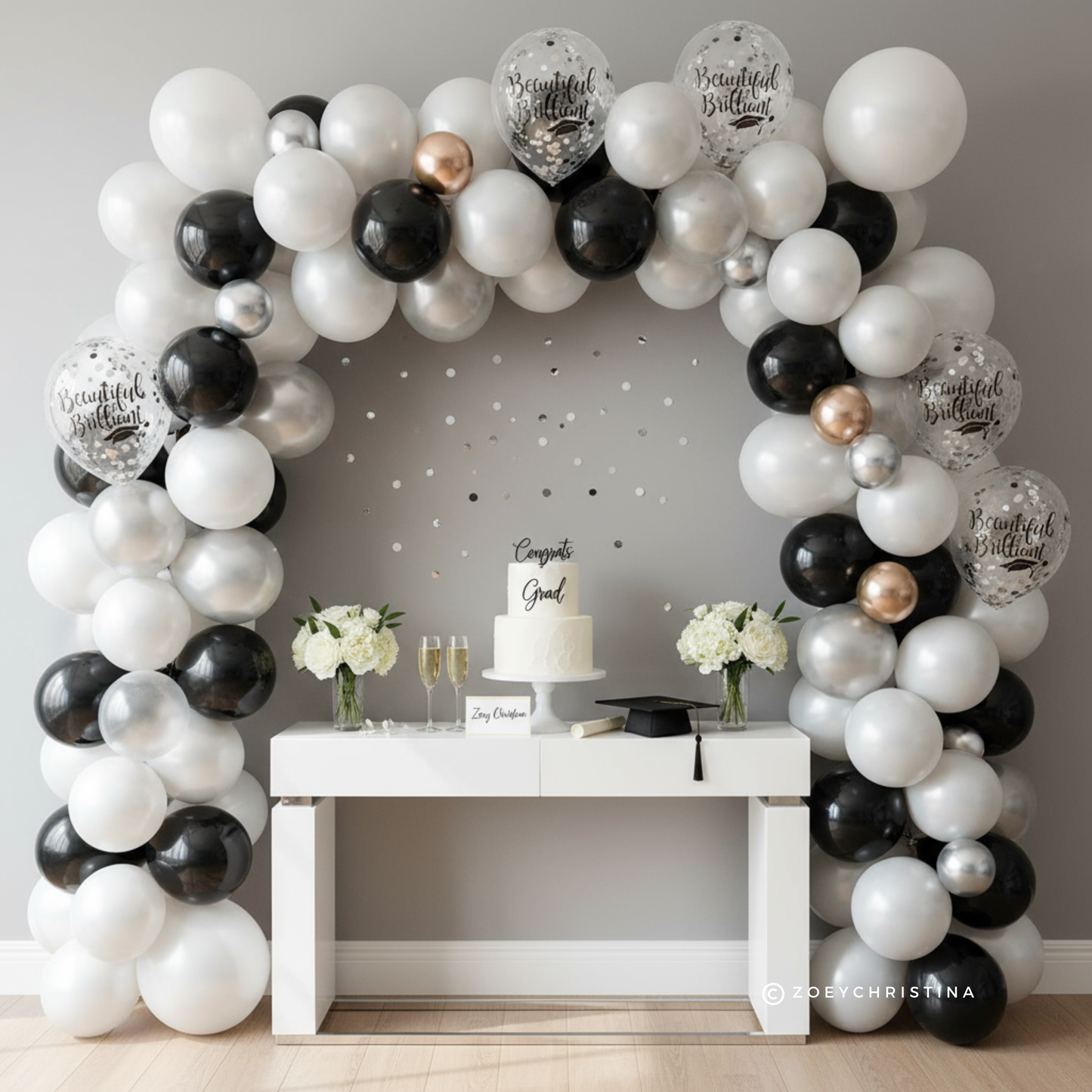 Graduation Celebration Balloon – Black & Silver Confetti with "Beautiful and Brilliant" Print