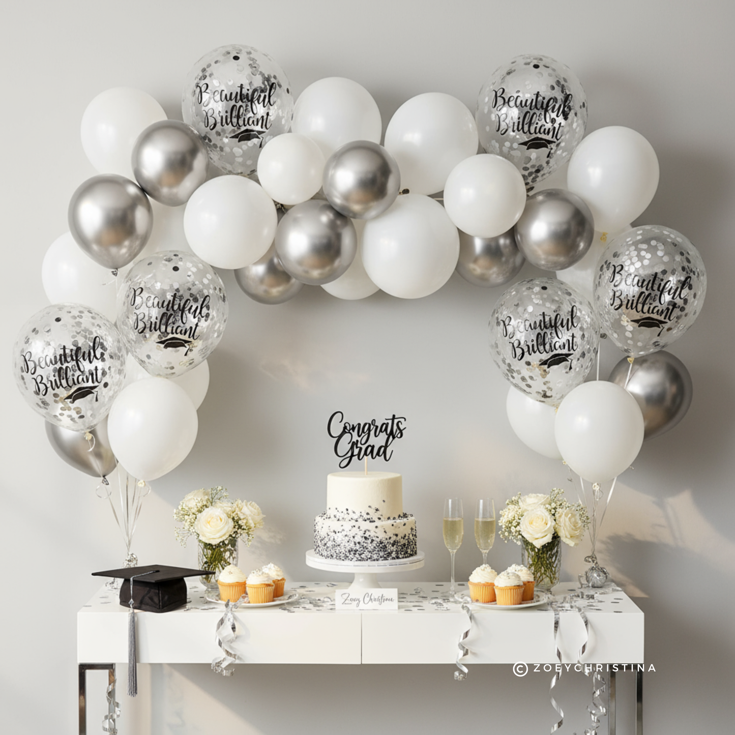 Graduation Celebration Balloon – Black & Silver Confetti with "Beautiful and Brilliant" Print