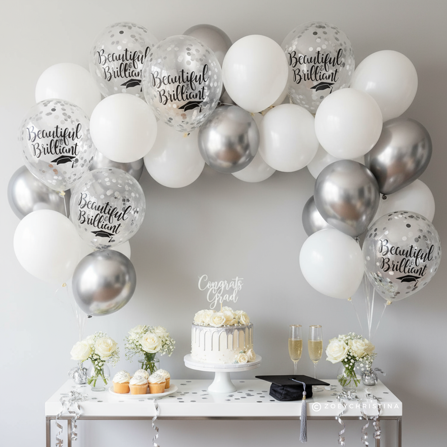 Graduation Celebration Balloon – Black & Silver Confetti with "Beautiful and Brilliant" Print