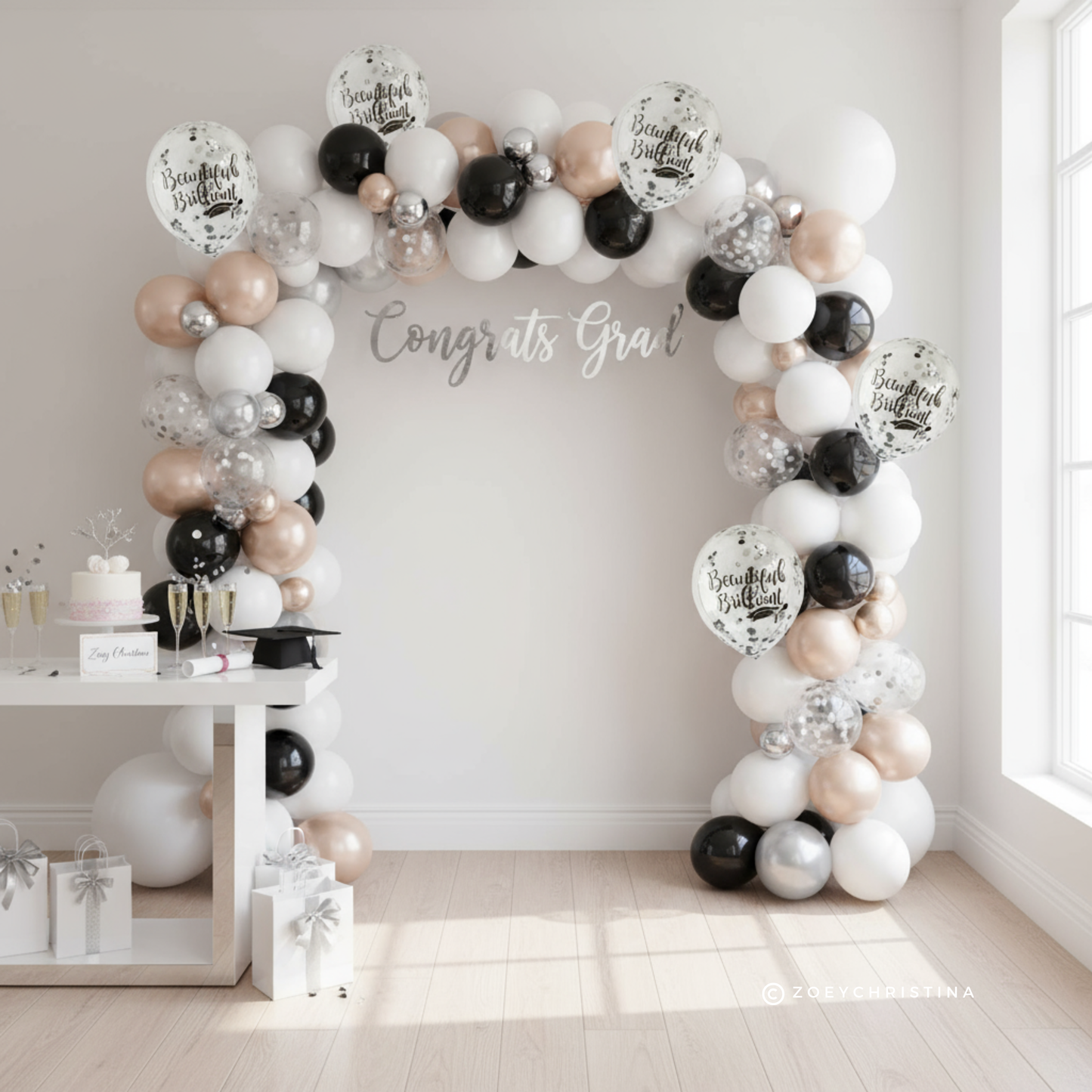Graduation Celebration Balloon – Black & Silver Confetti with "Beautiful and Brilliant" Print