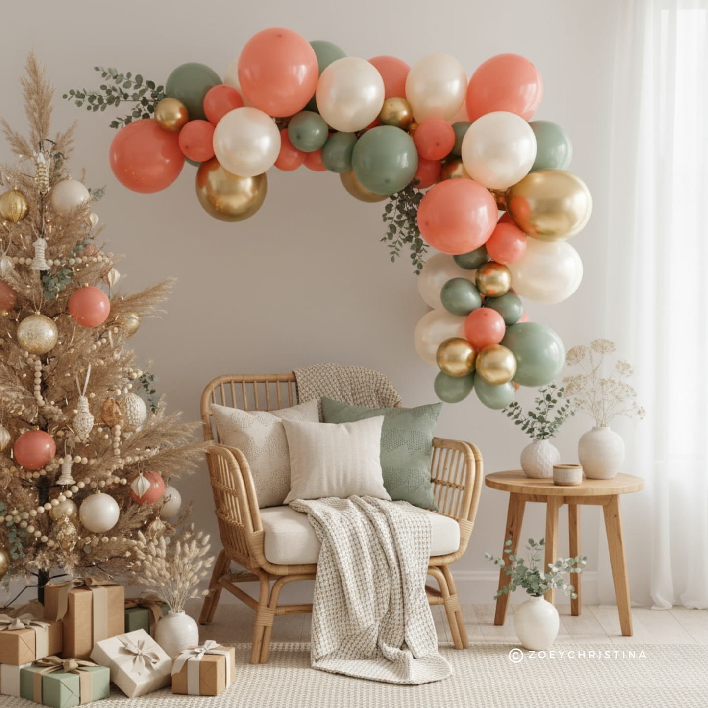 Soft-Toned Holiday Balloon Arch – Elegant Boho Christmas Party Decoration