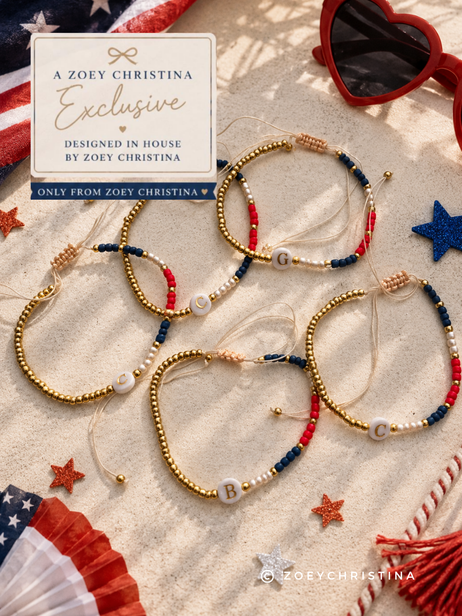 Patriotic Initial Bracelet: 4th of July Summer Jewelry Gift, America 250th Celebration