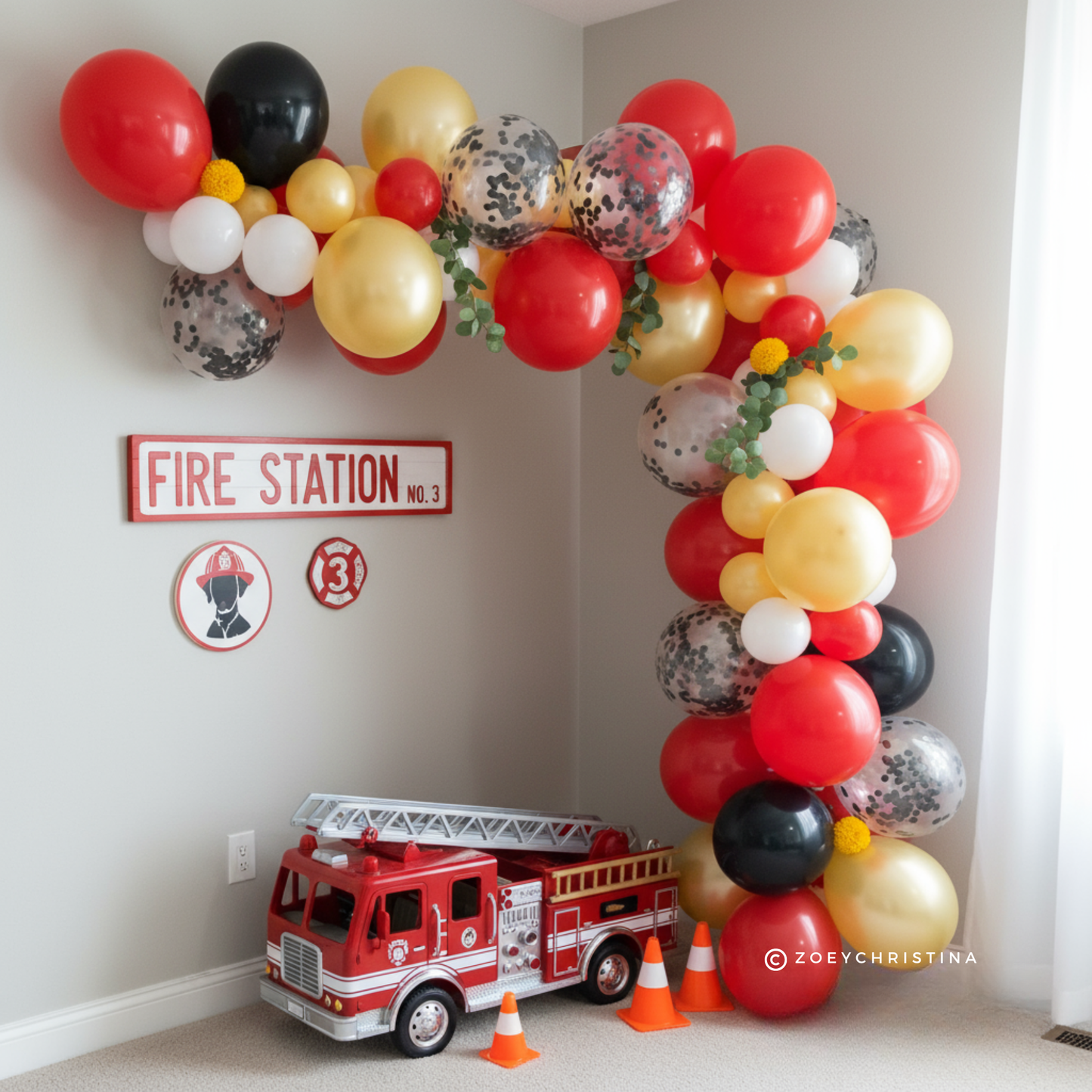 Fire Truck Birthday Party Decorations, Firehouse and Firefighter themed party decor, fireman and firetruck Fire Engine, Balloon Garland