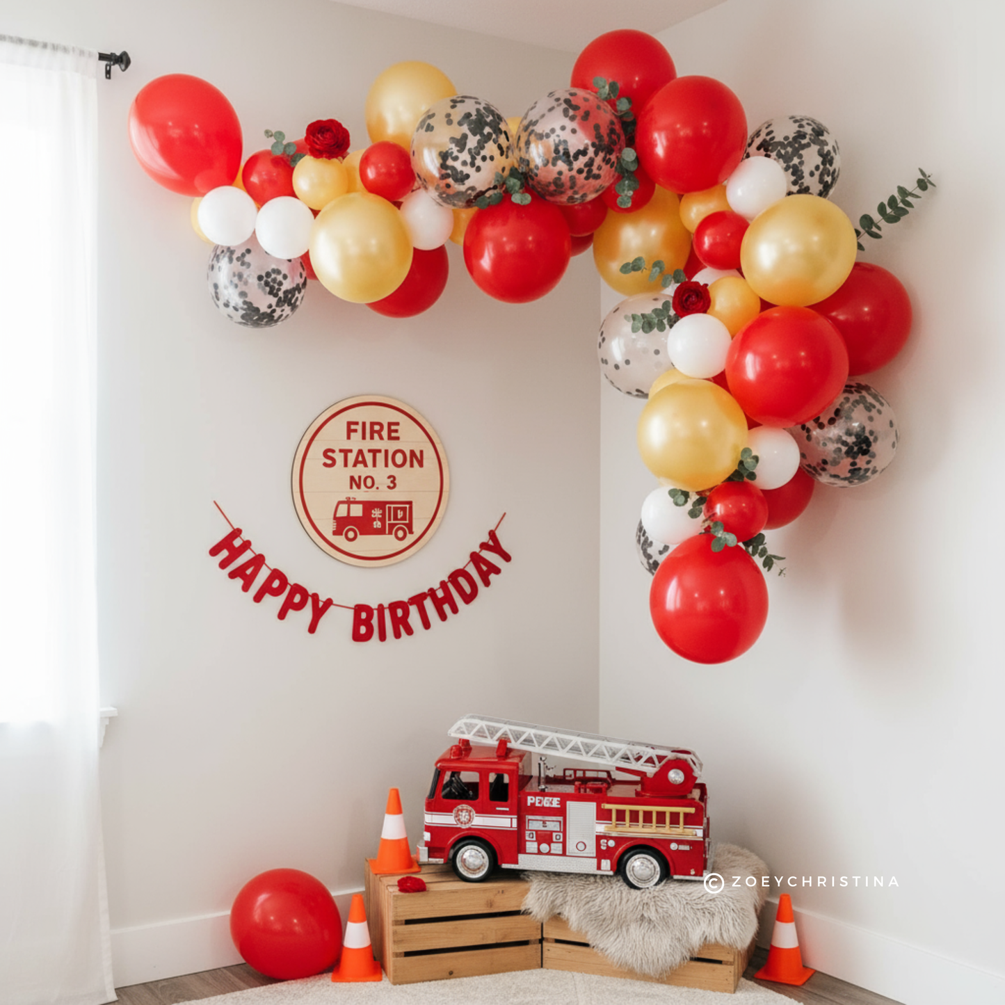 Fire Truck Birthday Party Decorations, Firehouse and Firefighter themed party decor, fireman and firetruck Fire Engine, Balloon Garland