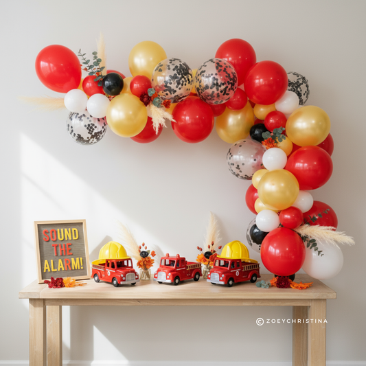Fire Truck Birthday Party Decorations, Firehouse and Firefighter themed party decor, fireman and firetruck Fire Engine, Balloon Garland