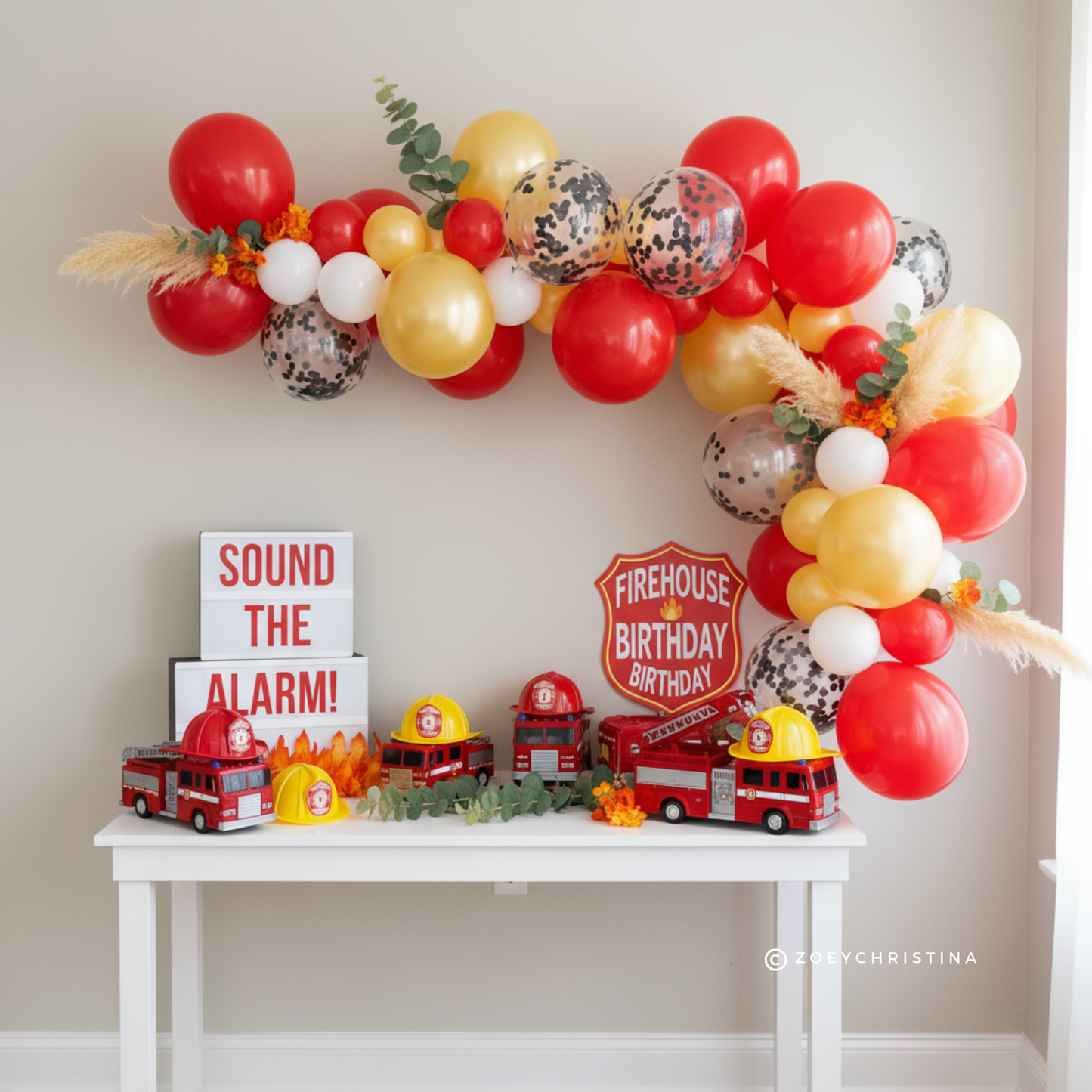 Fire Truck Birthday Party Decorations, Firehouse and Firefighter themed party decor, fireman and firetruck Fire Engine, Balloon Garland