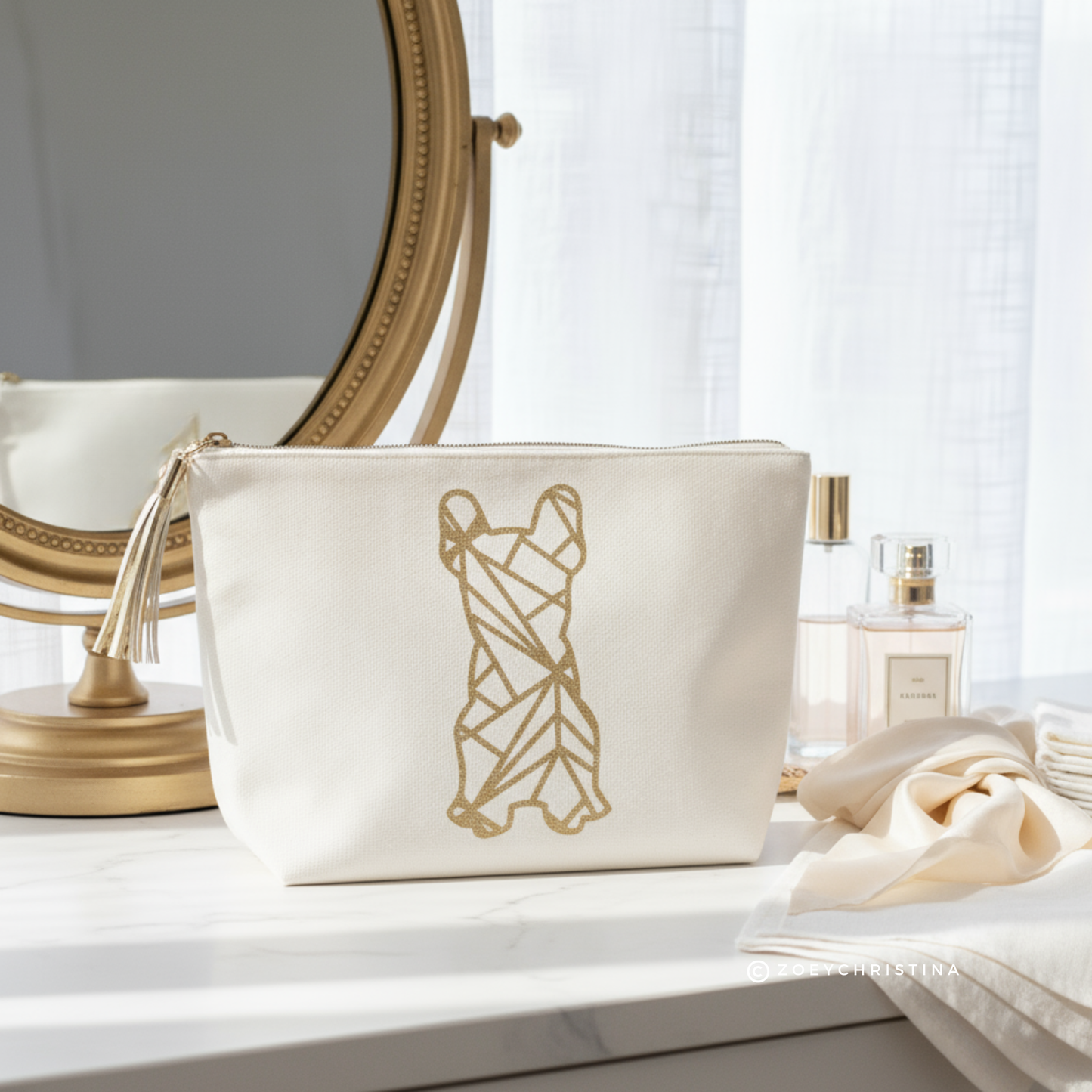 French Bulldog Cosmetic Case – Frenchie Makeup or Pencil Pouch with Gold Glitter Design