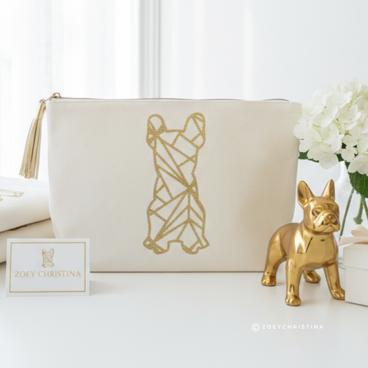 French Bulldog Cosmetic Case – Frenchie Makeup or Pencil Pouch with Gold Glitter Design