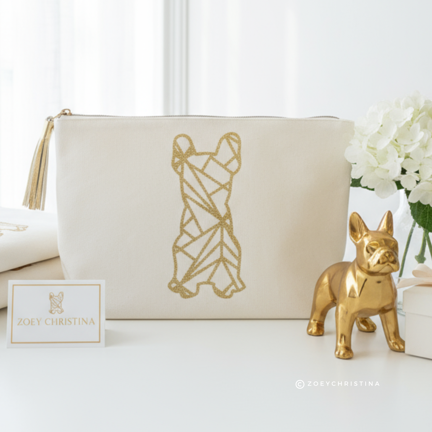 French Bulldog Cosmetic Case – Frenchie Makeup or Pencil Pouch with Gold Glitter Design