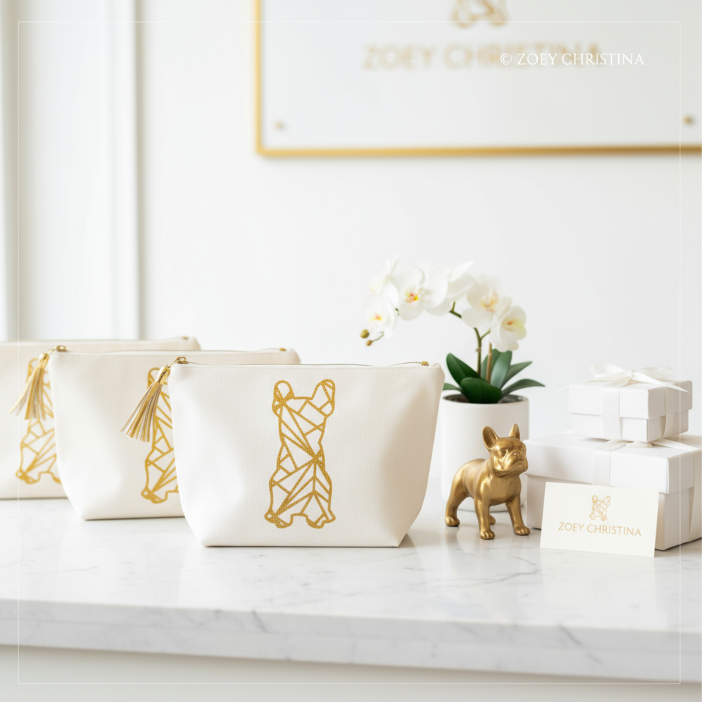 French Bulldog Cosmetic Case – Frenchie Makeup or Pencil Pouch with Gold Glitter Design