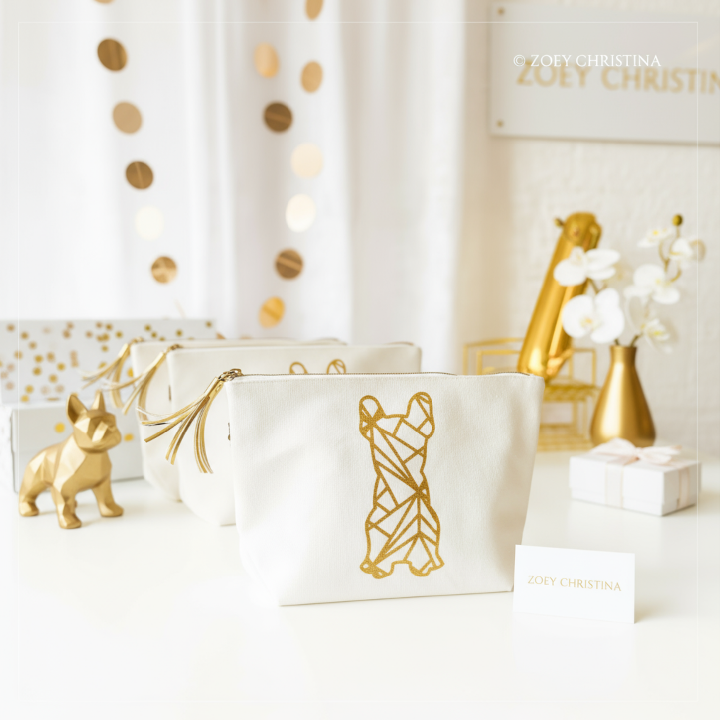 French Bulldog Cosmetic Case – Frenchie Makeup or Pencil Pouch with Gold Glitter Design