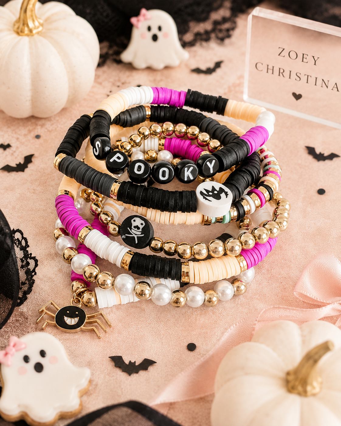 Spooky Halloween Stacking Bracelet Set – Heishi Beads, Gold Accents, Skull & Spider Charms – Halloween Arm Candy, Beaded Stretch Bracelets