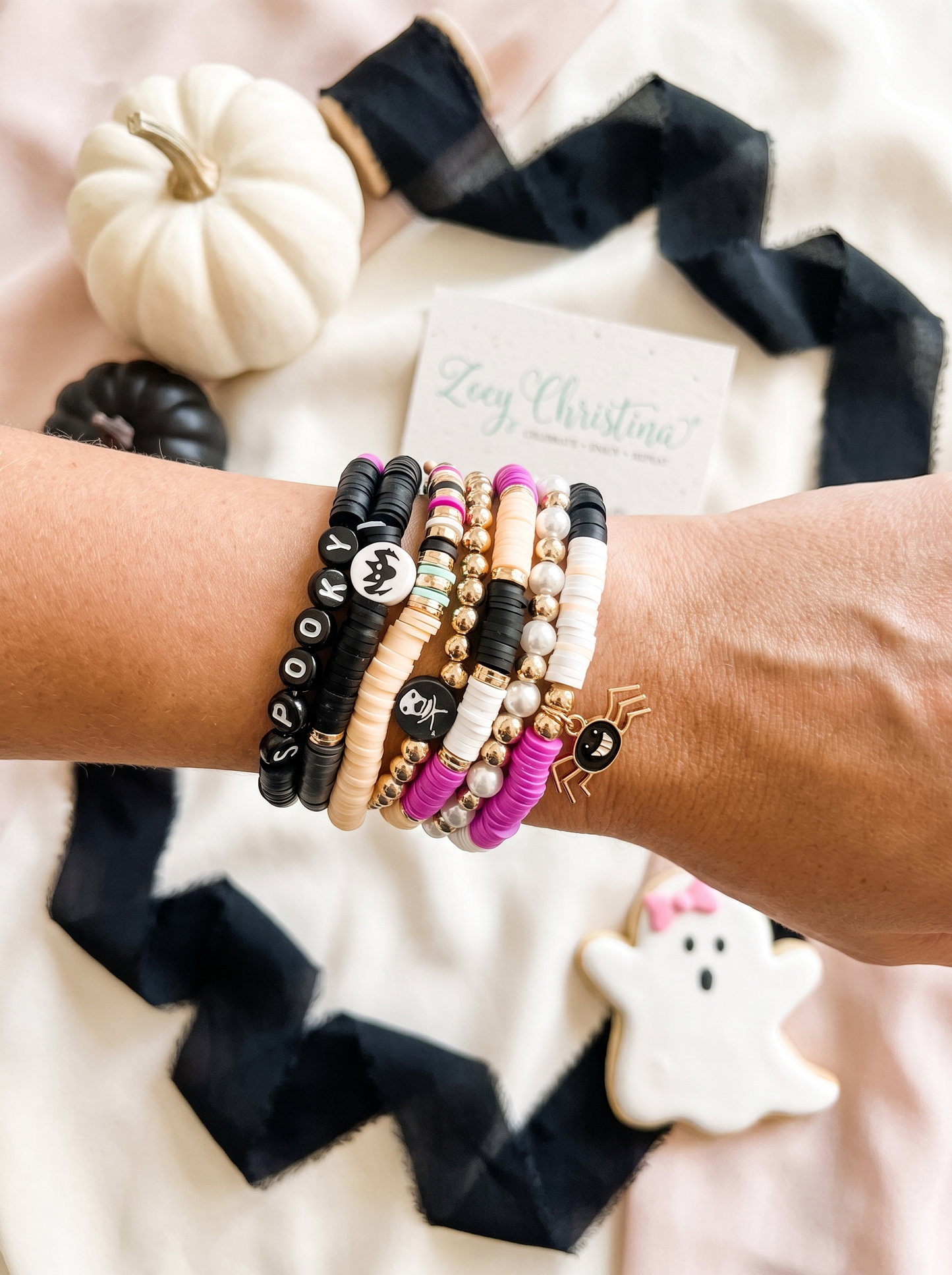 Spooky Halloween Stacking Bracelet Set – Heishi Beads, Gold Accents, Skull & Spider Charms – Halloween Arm Candy, Beaded Stretch Bracelets