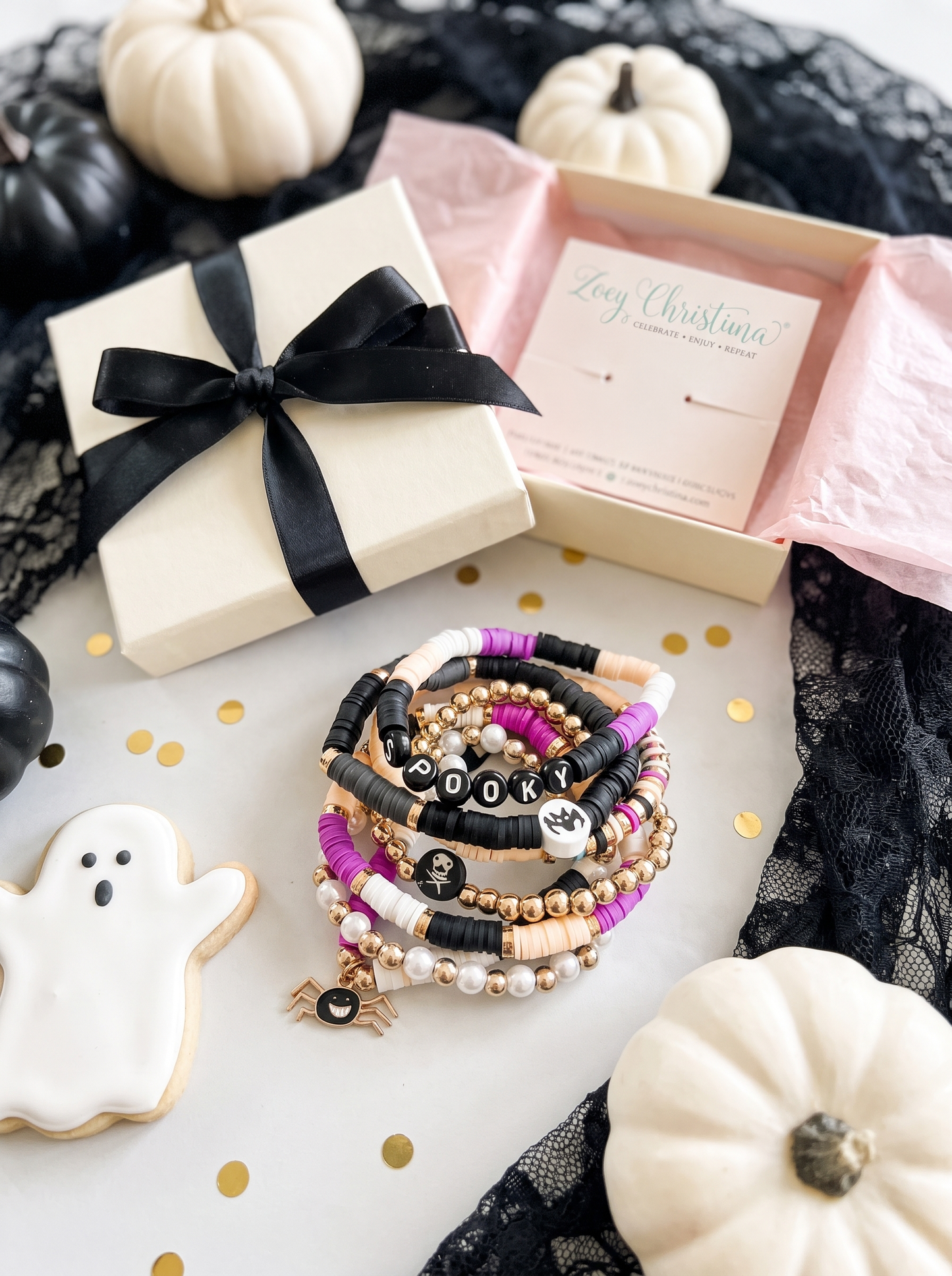 Spooky Halloween Stacking Bracelet Set – Heishi Beads, Gold Accents, Skull & Spider Charms – Halloween Arm Candy, Beaded Stretch Bracelets