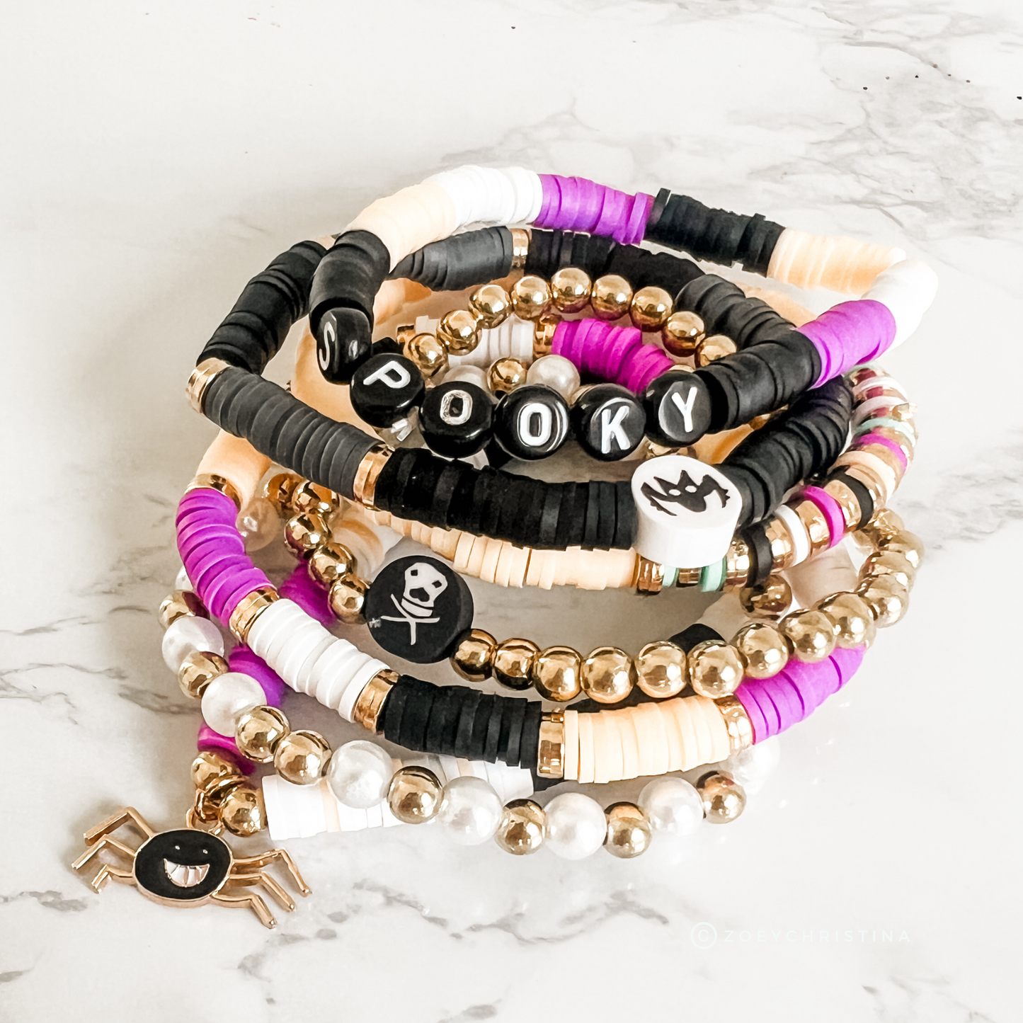 Spooky Halloween Stacking Bracelet Set – Heishi Beads, Gold Accents, Skull & Spider Charms – Halloween Arm Candy, Beaded Stretch Bracelets
