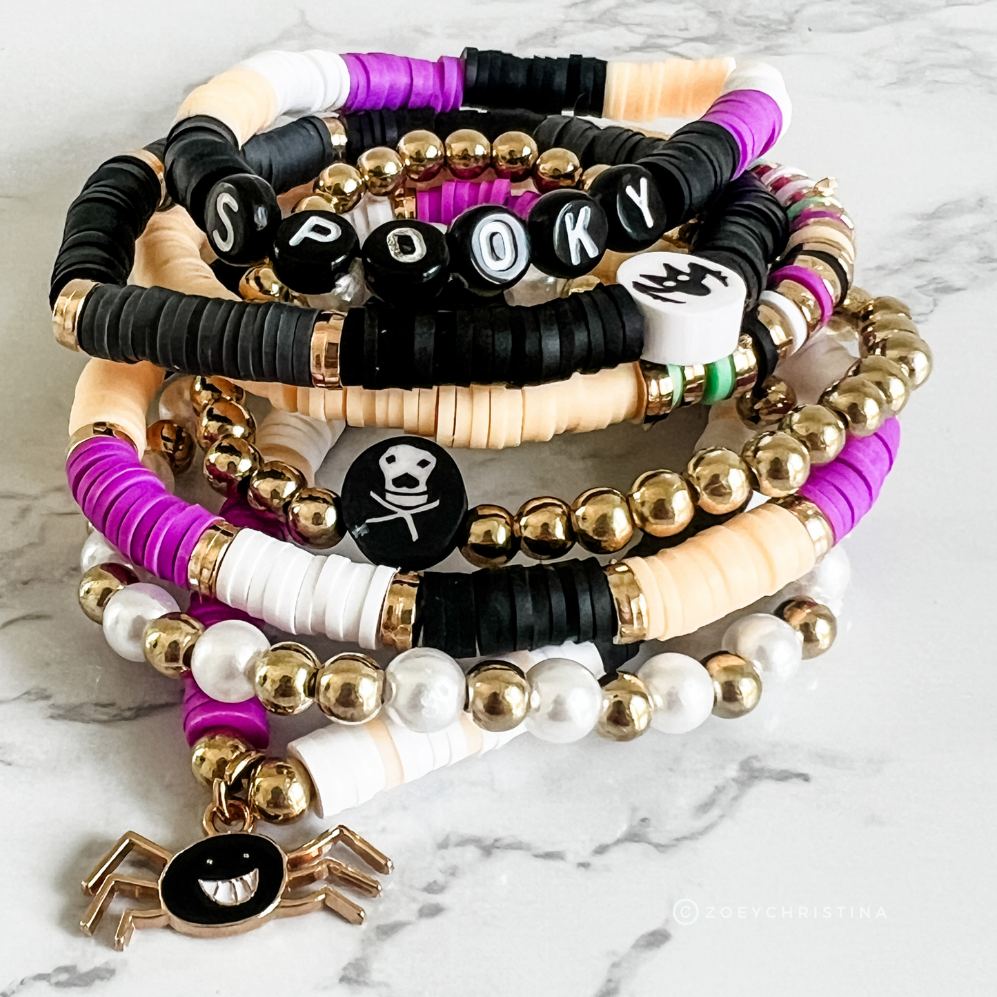 Spooky Halloween Stacking Bracelet Set – Heishi Beads, Gold Accents, Skull & Spider Charms – Halloween Arm Candy, Beaded Stretch Bracelets