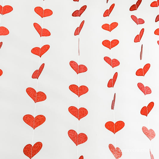Red Glitter Heart Garland Backdrop: Bridal Shower, Photo Booth Decor (12 Strips)