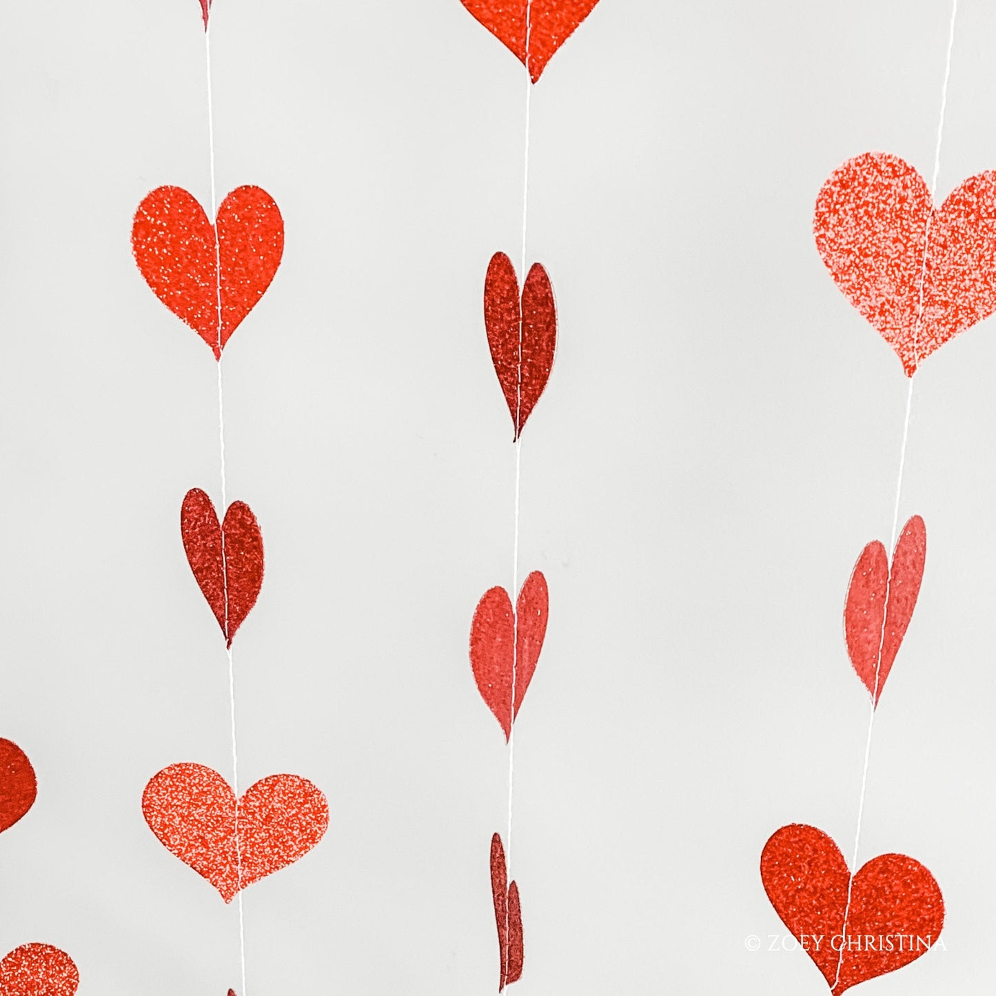 Red Glitter Heart Garland Backdrop: Bridal Shower, Photo Booth Decor (12 Strips)
