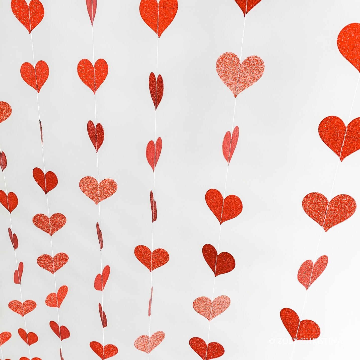 Red Glitter Heart Garland Backdrop: Bridal Shower, Photo Booth Decor (12 Strips)