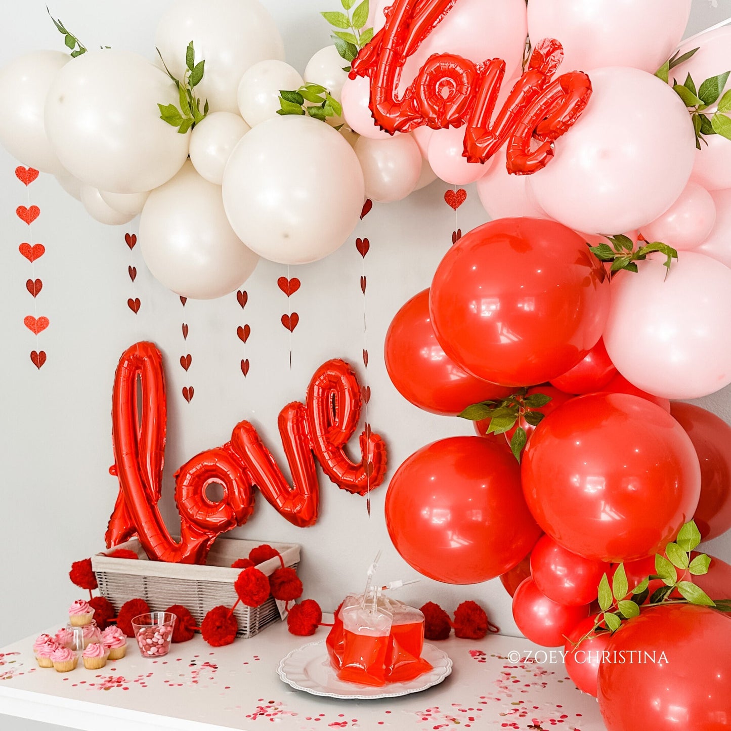 Red Glitter Heart Garland Backdrop: Bridal Shower, Photo Booth Decor (12 Strips)