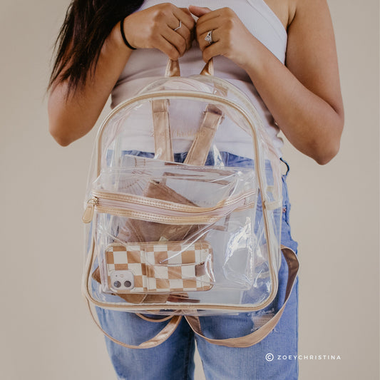 Clear Stadium Bag Backpack Purse - Festivals, Colleges, concerts sizing, Gold Aesthetic Design with Optional Tassel and Initial Patches