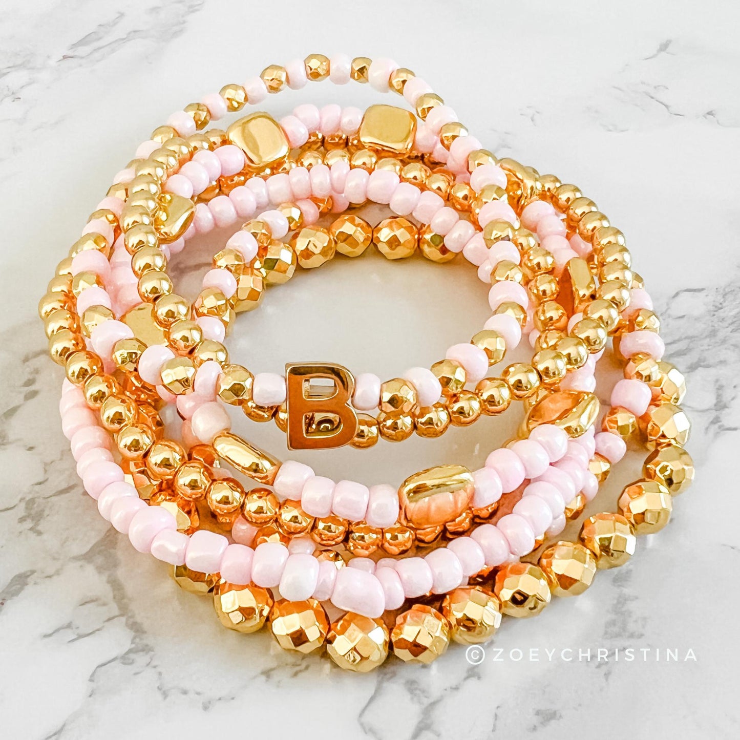 Best Friend Bracelet for 2 - Pink & Gold Stacking Bracelet Set - 6 or 7 Stack Bracelets with Optional Initial Charm