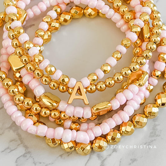 Best Friend Bracelet for 2 - Pink & Gold Stacking Bracelet Set - 6 or 7 Stack Bracelets with Optional Initial Charm
